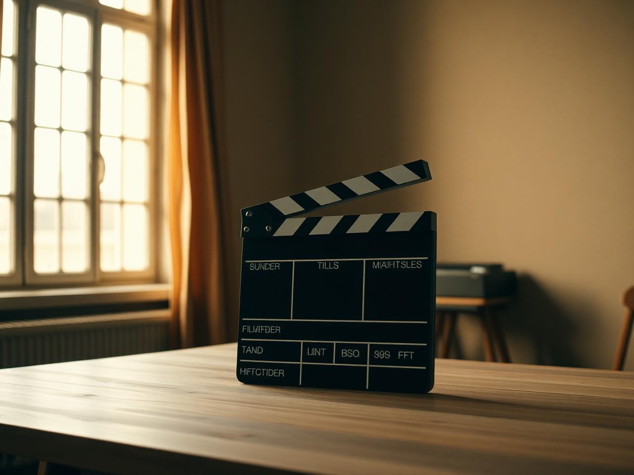 A clapperboard on a dark film set